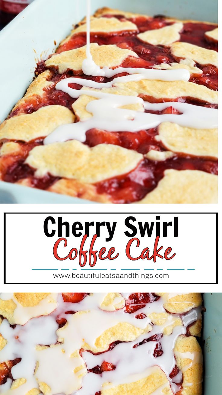 cherry swirl coffee cake with white icing in a blue baking pan on a table