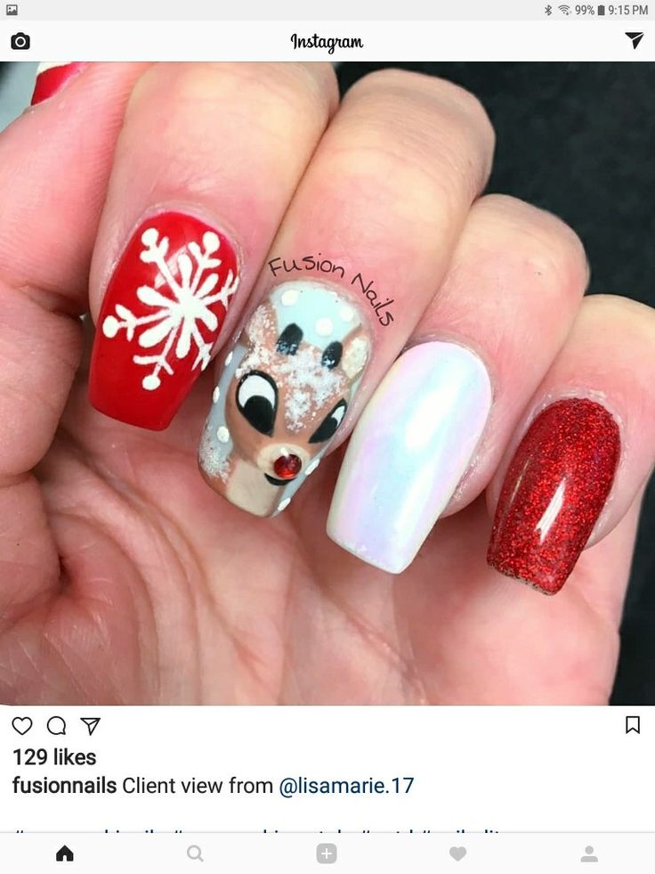 Rudolph The Red Nosed Reindeer Nail Art, Rudolph The Red Nosed Reindeer Nails, Rudolph Nails Designs, Caroline Nails, Rudolph Nails, Reindeer Nails, Fingernail Ideas, Nails Painting, Teen Nails