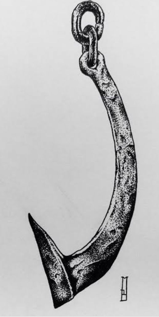 a drawing of an anchor with a hook on it's end is shown in black and white