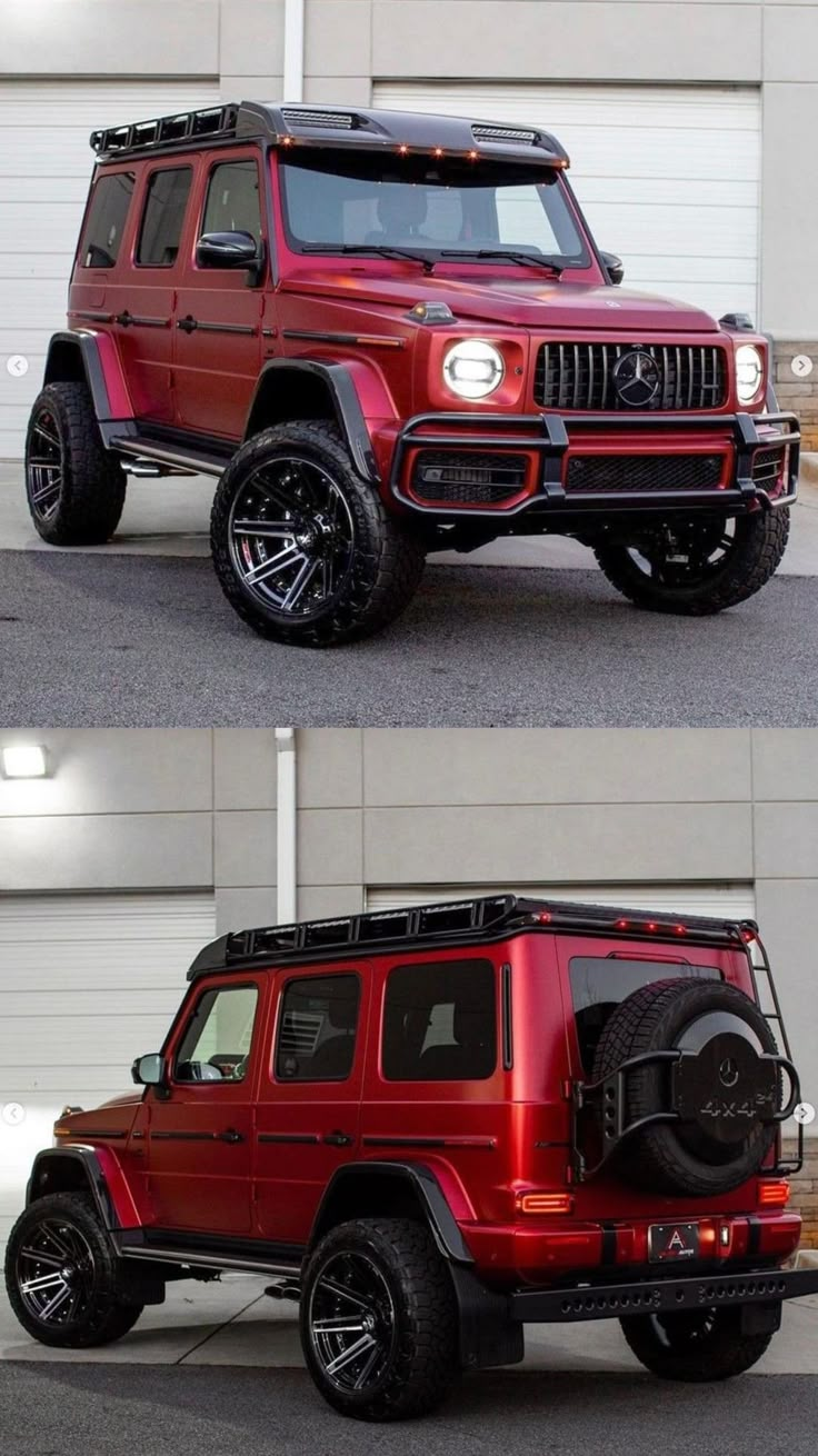 a red jeep parked in front of a garage