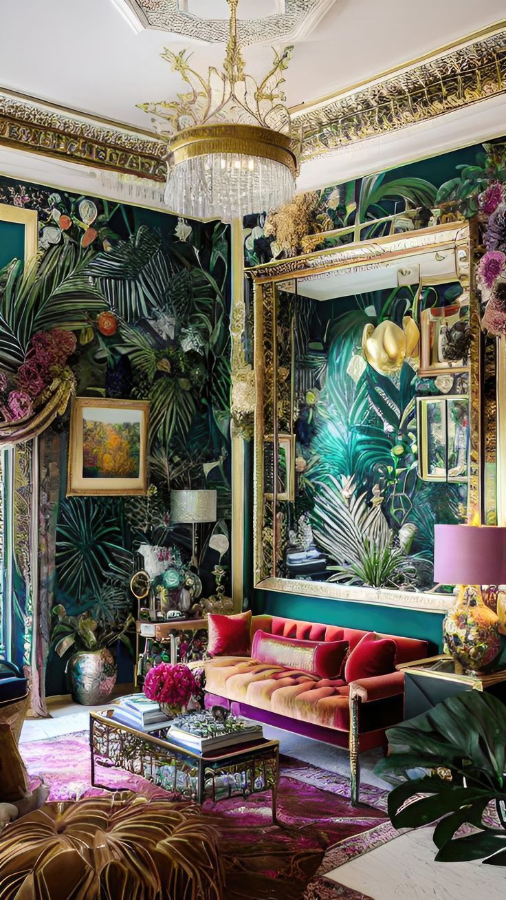 a living room filled with furniture and lots of plants on the wall next to a mirror