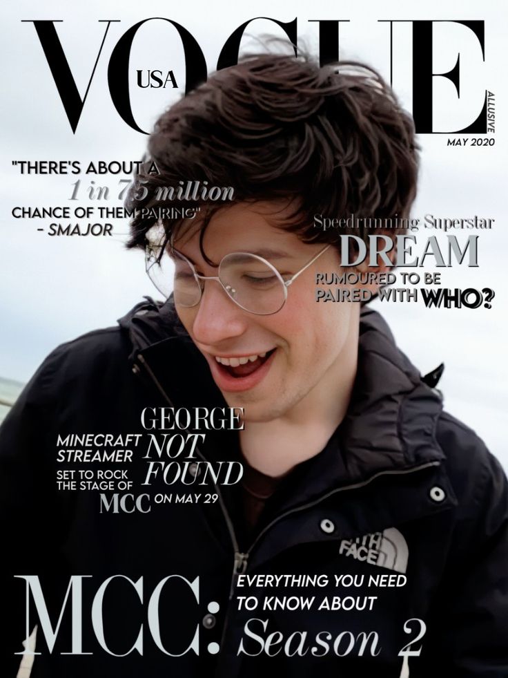 a young man wearing glasses on the cover of a magazine with words all over it