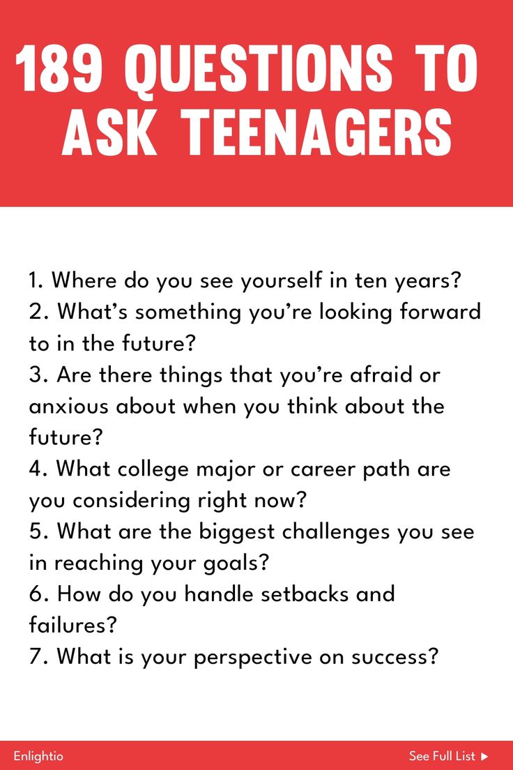 a red and white poster with the words,'questions to ask teenagers? '