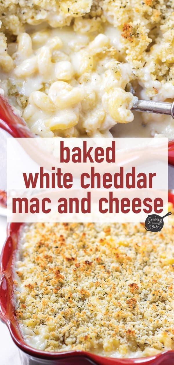 baked white cheddar mac and cheese in a red casserole dish