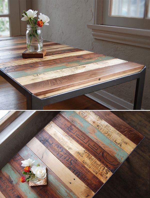 two different views of a table made out of wood planks with flowers in the vase