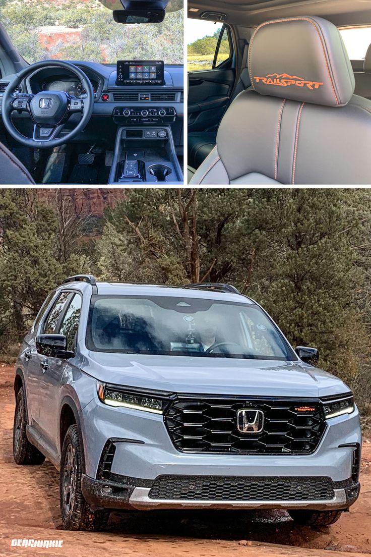 the inside and outside view of a silver honda pilot's cabin, steering wheel controls, dash board, and dashboard