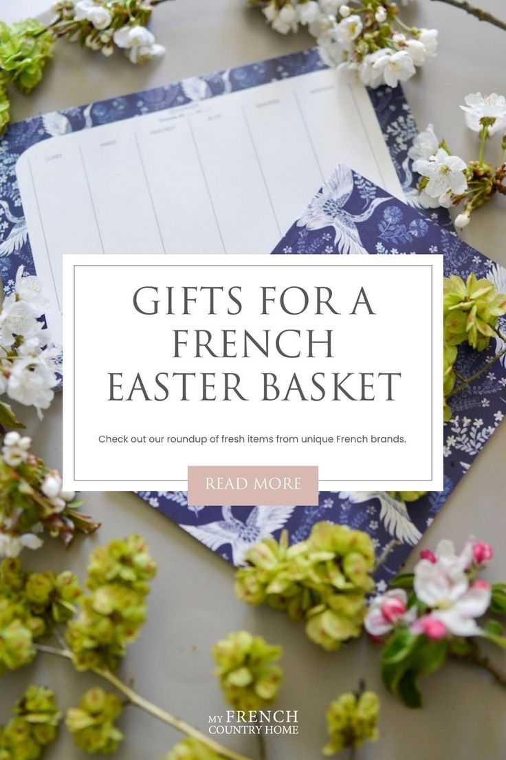 the cover of gifts for a french easter basket, with flowers and paper on it