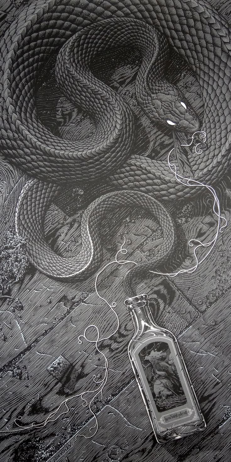 a black and white drawing of a snake next to a bottle with a tag on it