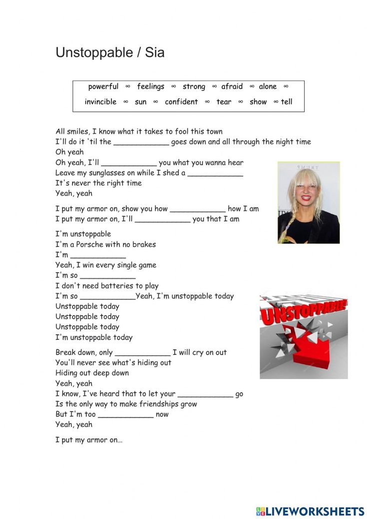 the worksheet for an unstopable / sia poem is shown