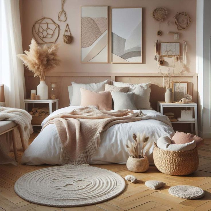 a bedroom with pink walls, white bedding and lots of decorations on the wall