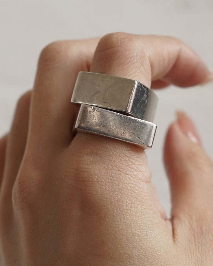 Sterling silver Size: Approx. 8.75 Modernist Silver Ring With Oxidized Finish, Modernist Oxidized Silver Ring, Silver Metal Ring With Thick Band, Silver Thick Band Metal Ring, Modern Silver Rings With Oxidized Finish, Modern Metal Ring With Oxidized Finish, Modern Metal Rings With Oxidized Finish, Silver Thick Band Ring, Silver Rectangular Metal Rings