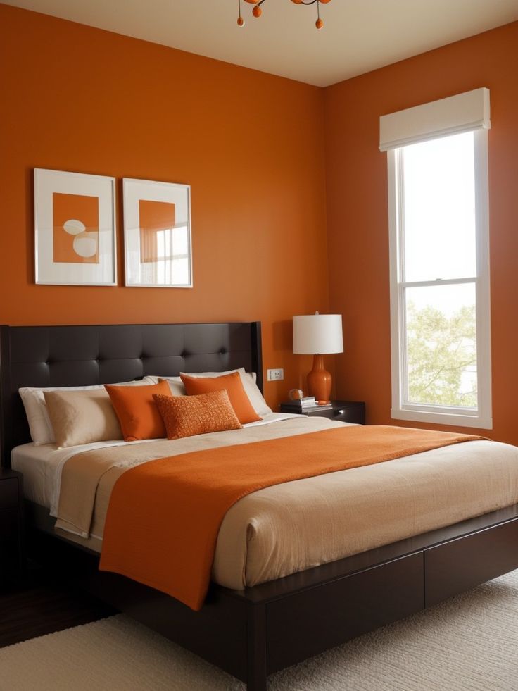 an orange and white bedroom with two pictures on the wall above the bed in front of the window