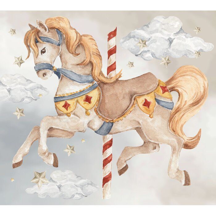 a watercolor painting of a carousel horse with stars and clouds in the sky behind it