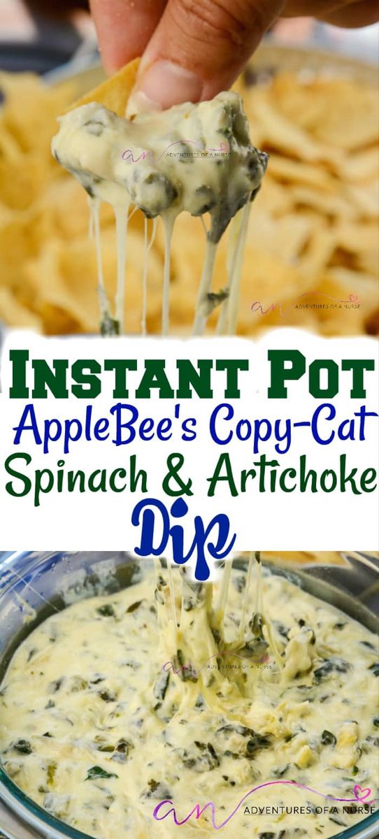 a person dipping some food into a bowl with tortilla chips in it and the words instant pot applebee's copy - cat spinach & artiche dip