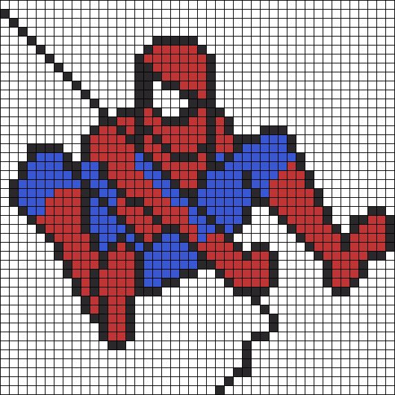 a cross stitch spiderman is shown in red, blue and black with an arrow