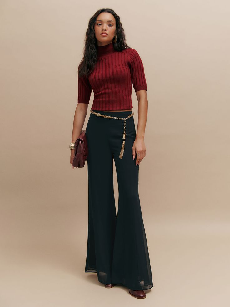 Wear the pants. Shop the Esme Pant from Reformation, a high-rise, wide-leg pant. Chic Evening Wide-leg Dress Pants, Wide Leg Pants For Fall Night Out, Fall Wide Leg Pants For Night Out, Chic Wide-leg Evening Pants, Evening Wide-leg Pants For Fall, Versatile Wide-leg Evening Pants, Chic Wide Leg Pants For Evening, Chic Evening Flares Trousers, Chic Evening Flares