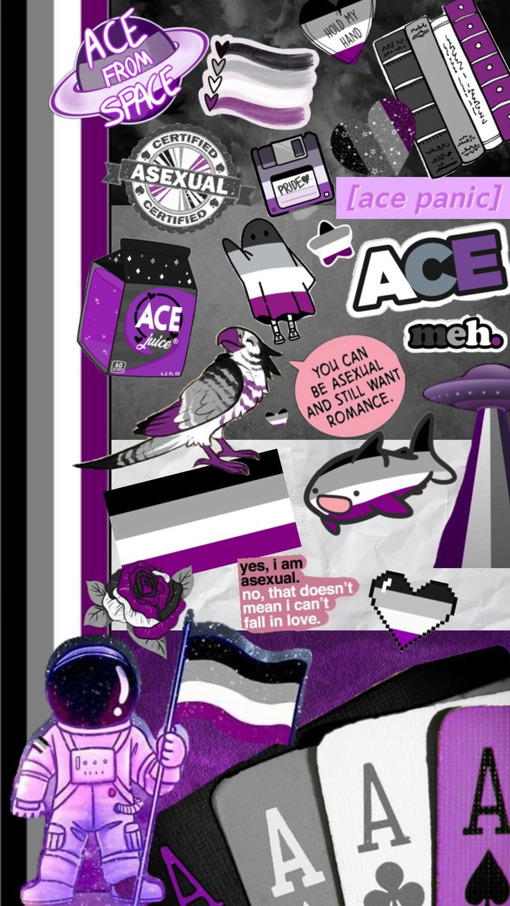 a collage of purple and black stickers with space related items on them, including an ace playing card