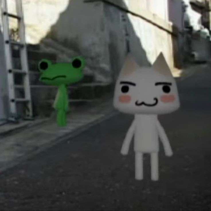 an animated character is standing in the street next to a green frog that looks like it's looking at him