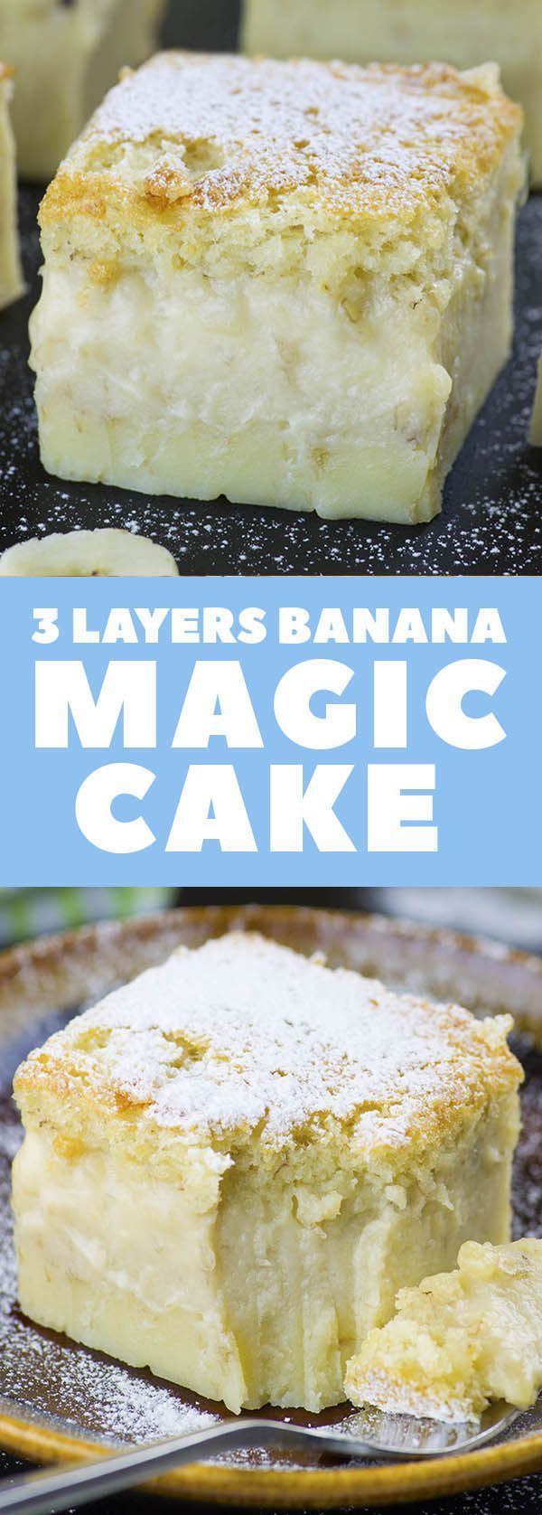 three layers banana magic cake on a plate