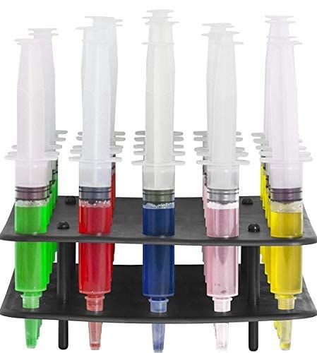 a rack with several different colored liquids in it