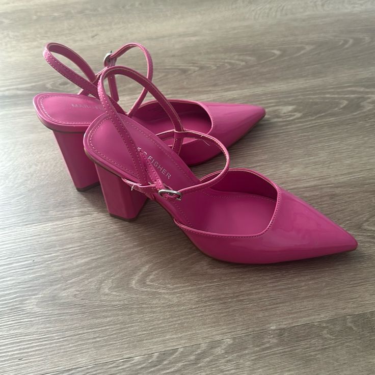 Brand New, Never Worn Pink Patent Leather Mark Fisher Block Heels Pink Patent Leather Pointed Toe Sandals, Pink Pointed Toe Sandals With Buckle, Taupe Shoes, Tan Pumps, Ankle Strap High Heels, Black Leather Pumps, Platform Stilettos, Square Toe Heels, Purple Suede