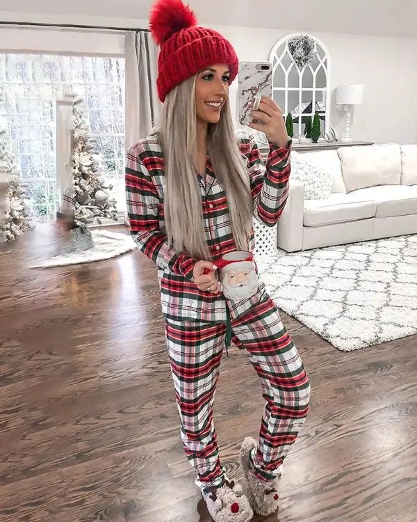 Lasaky - Casual Christmas Plaid Pajama Set Christmas Loungewear, Pijamas Women, Shirt Collar Styles, Christmas Pajama Set, Christmas Plaid, Two Piece Pants Set, Striped Pyjamas, Plaid Pajamas, Turndown Collar