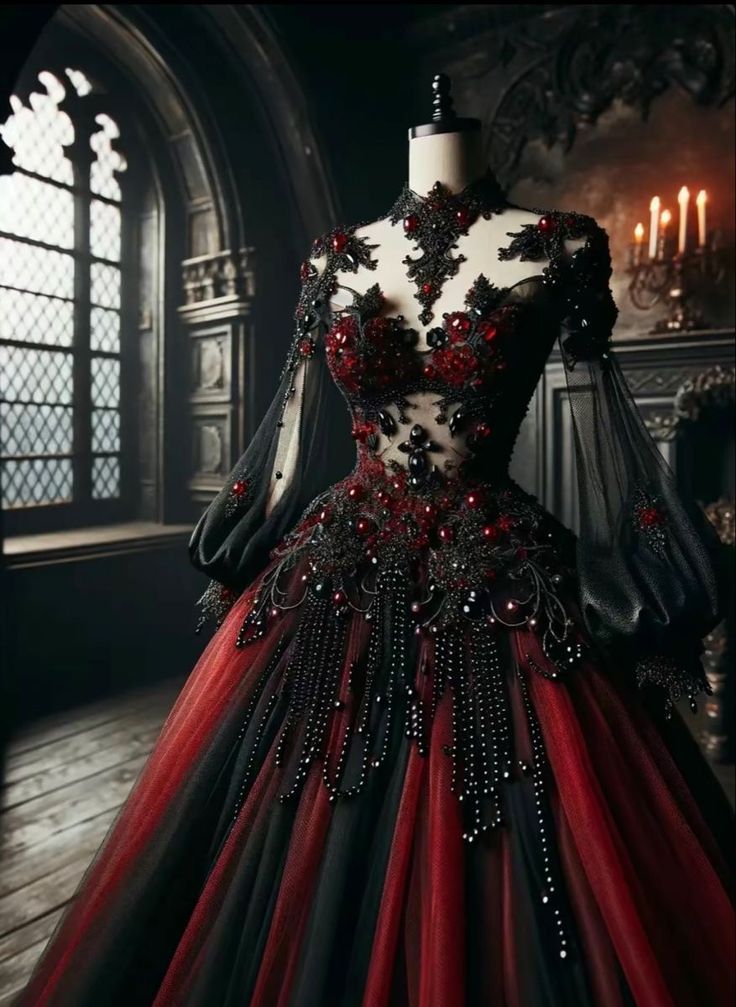 Red And Black Wedding Dress Goth, Vampire Ball Aesthetic, Dark Queen Dress, Vampire Gown, Gothic Ball Gown, Halloween Wedding Dresses, Goth Wedding Dresses, Vampire Ball, Fantasy Ball