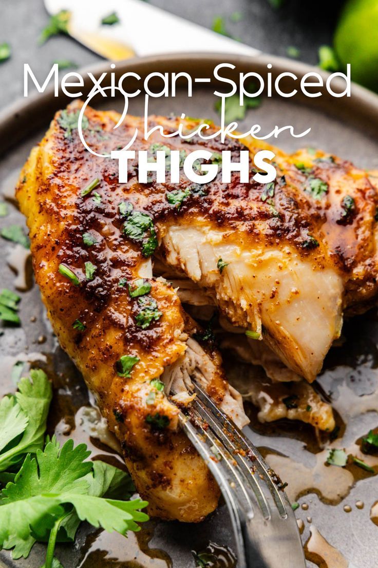 A chicken thigh covered with dark crispy skin and juices, cut open with a fork on a plate. Mexican Chicken Thighs, The Stay At Home Chef, Homestead Recipes, Stay At Home Chef, Spiced Chicken, Mexican Spices, Mexican Dinner, Oven Chicken, Mexican Chicken