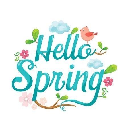 the words hello spring are painted in blue and pink with birds on top of it