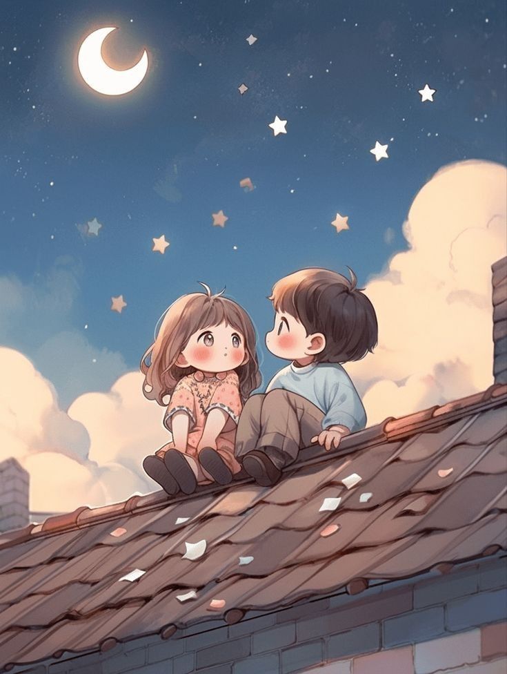 two children sitting on top of a roof looking at the stars and moon in the sky