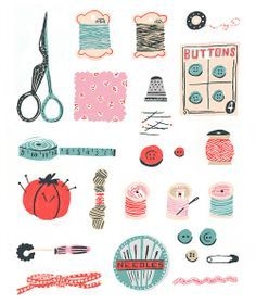 an assortment of sewing related items are shown in this image, including scissors and thread