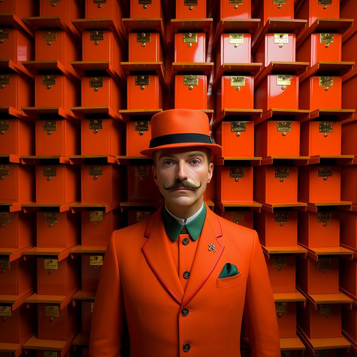 a man in an orange suit and top hat standing next to stacks of orange boxes