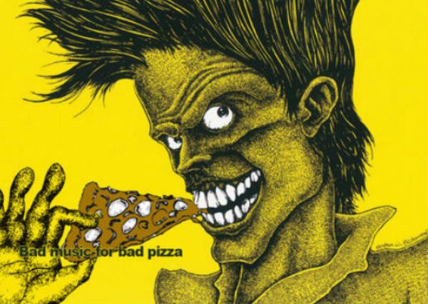 a drawing of a man eating pizza with his hand in front of him and the words dead head pizza written on it