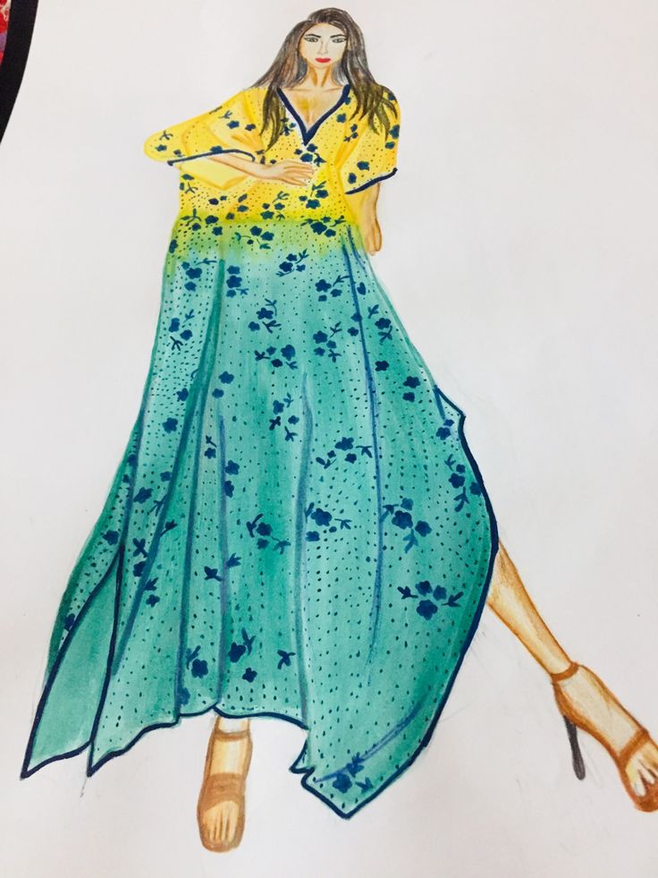 a drawing of a woman in a blue and yellow dress with her arms folded out