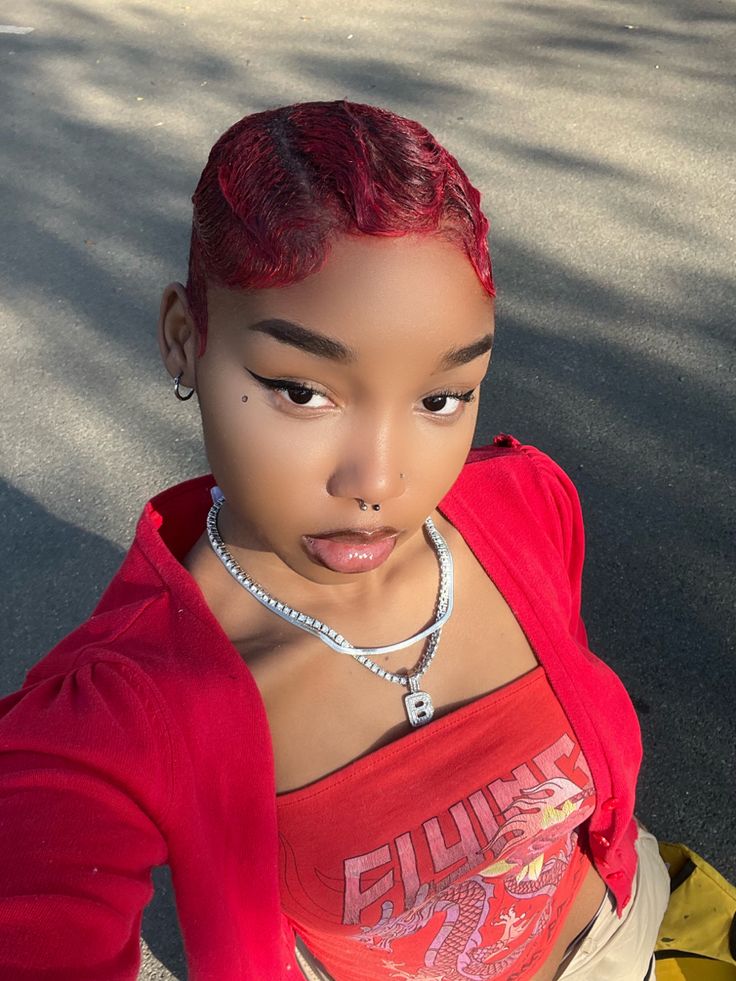 Dark Red Short Hair Black Women, Maroon Short Hair Black Women, Burgundy Fingerwaves, Red Pixie Cut On Black Women, Red Buzzcut Women, Red Finger Waves Black Women, Red Short Hair Ideas, Short Red Natural Hair Black Women, Short Red Hair Black Women