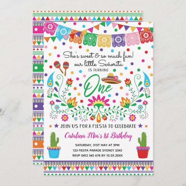 Mexican Fiesta Senorita 1st Birthday Party Invite Mexican Fiesta Birthday Party, Cactus Invitation, Mexican Invitations, Twin Birthday Parties, Fiesta Birthday Party, Fiesta Theme Party, 1st Birthday Party Invitations, Fiesta Theme, Fiesta Birthday