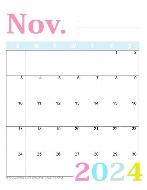 a calendar with the words november and november in pink, blue, and yellow colors