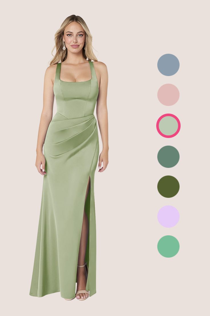 a woman in a green dress with different colors on the side and an image of her