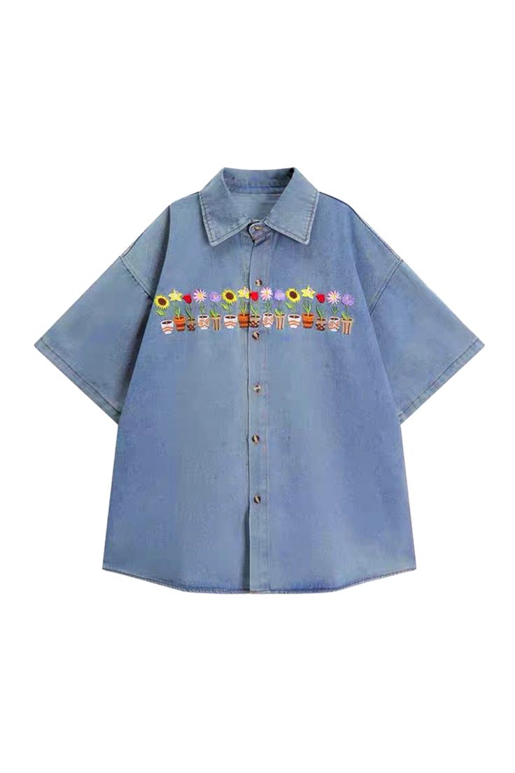 plants embroidery denim shirt, 90s jean shirt, vintage outfits, retro clothing, vintage clothing, 90s fashion outfits, retro outfits, 90s clothing style, boogzel clothing Trendy Denim Shirt For Spring, Trendy Spring Denim Shirt, Summer Denim Collared Shirt, Summer Collared Denim Shirt, Collared Denim Shirt For Summer, Spring Medium Wash Denim Shirt, Embroidered Relaxed Fit Medium Wash Top, Relaxed Fit Embroidered Medium Wash Tops, Embroidered Medium Wash Tops With Relaxed Fit