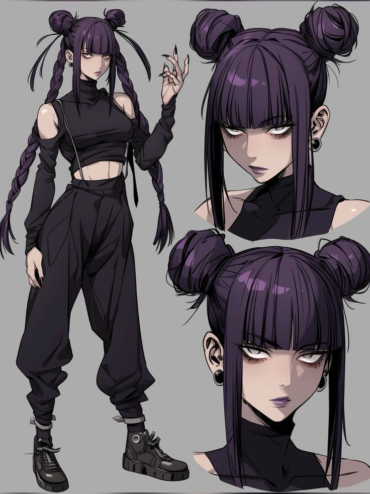 an anime character with purple hair and ponytails, wearing black clothing in three different poses