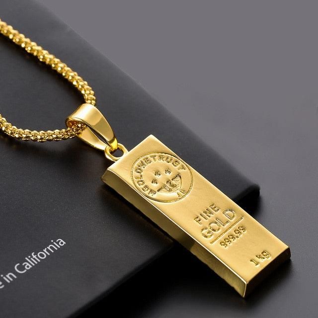 MGOLD WE TRUST" Australia Gold Color Bars Pendant Men Necklace-Necklace-StylinArts Gold Bar Pendant Necklace, Lingot D'or, Gold Bar Pendant, Gold Bullion Bars, Bar Pendant Necklace, Collar Chain, Mens Gold Jewelry, Party Necklace, Gold Bullion