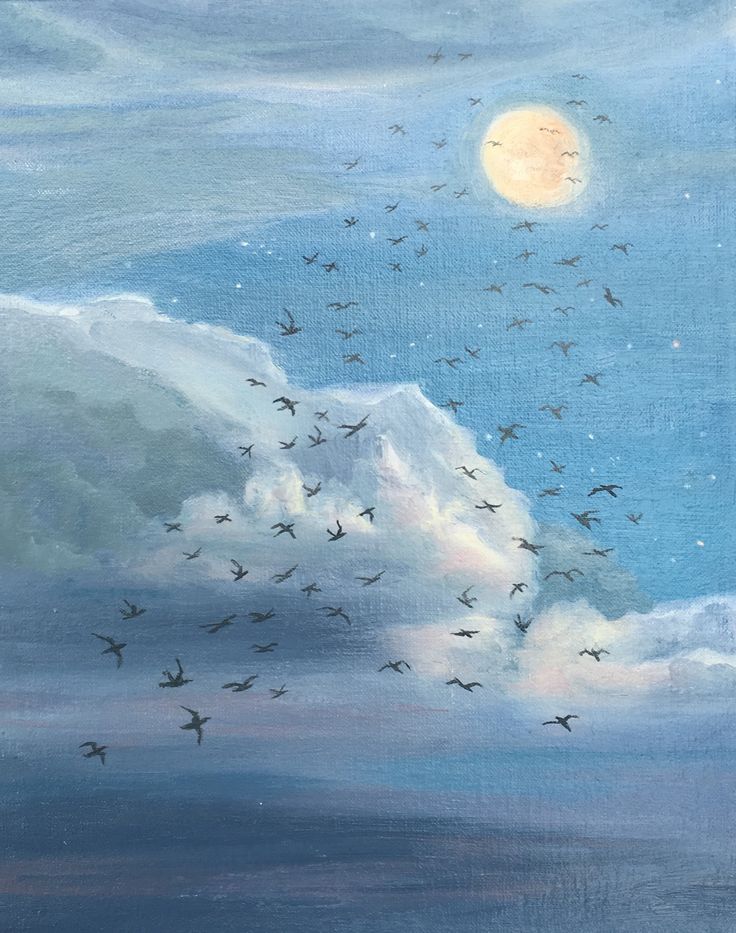 a painting of birds flying in the night sky with clouds and a full moon behind them