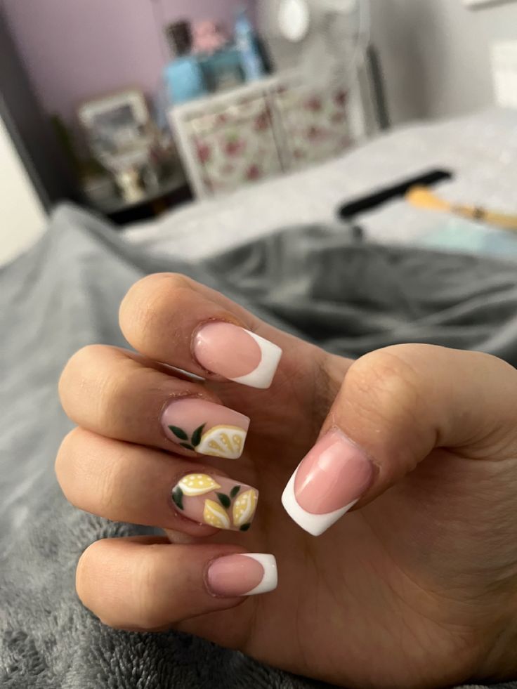 White french tip nails with lemon design Lemon French Tip Nails, Lemon French Nails, White French Tip Nails, French Tip Acrylics, Lemon Nails, Lemon Design, White French Tip, White Tip, Tip Nails