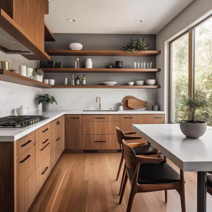 a modern kitchen with wooden cabinets and white counter tops, along with open shelves on the wall