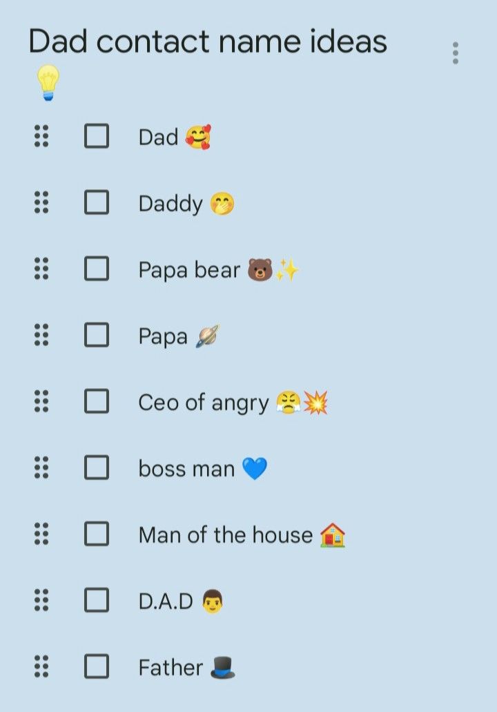 a blue background with the words dad contact name ideas and other emoticions on it