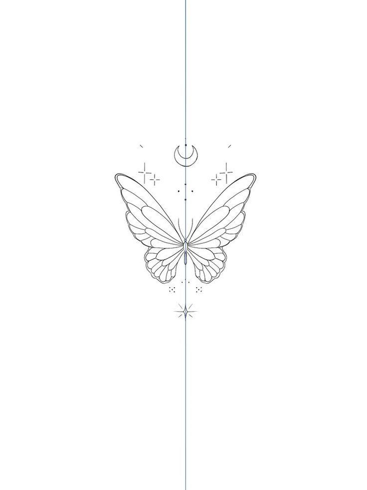 a line drawing of a butterfly with stars and moon on it's back side