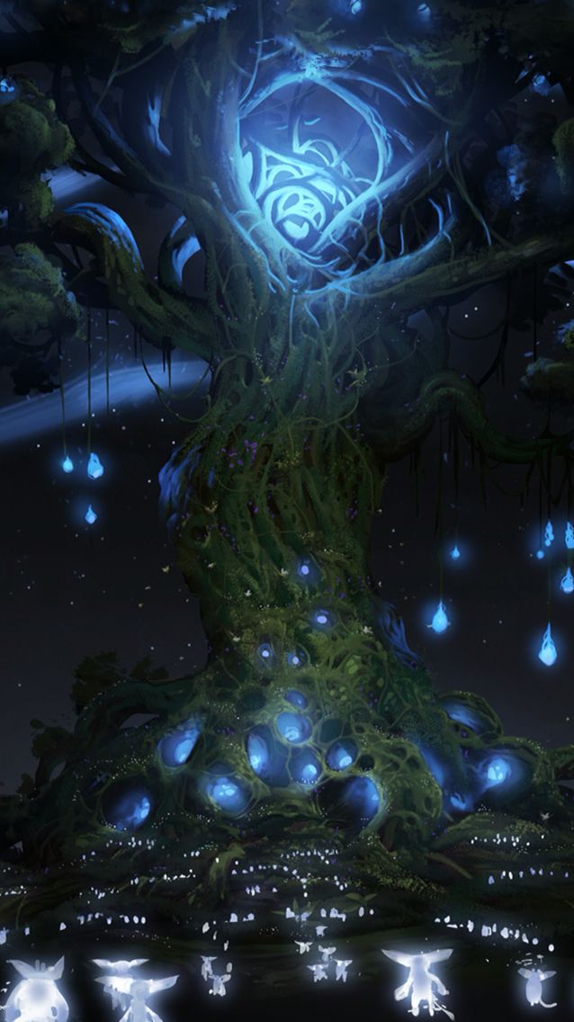 a tree with many blue lights on it in the middle of a night time scene