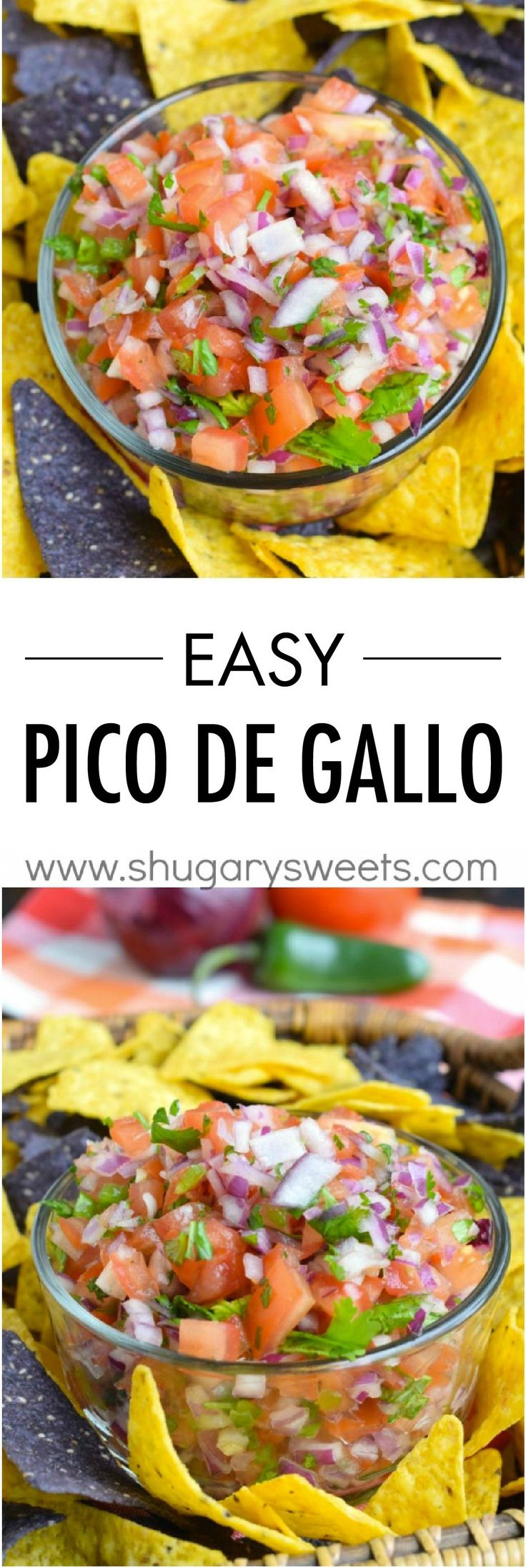 an easy pico de gallo recipe in a glass bowl with tortilla chips