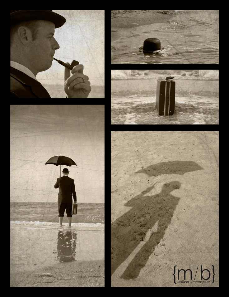 black and white photos of a man holding an umbrella in front of the ocean with his shadow on the beach