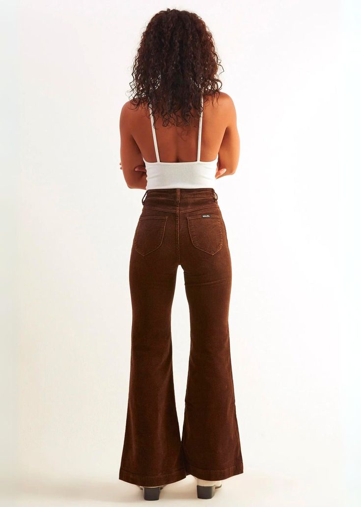 The Details Stretchy Corduroy Material High Waist Fit Flare Leg Gold-Toned Metal Trim Zip Fly Closure 99% Cotton, 1% Elastane Luxury Flares With Five Pockets For Fall, Rollas Jeans, Pocket Stitching, Latest Jeans, Denim Sweater, Flare Leg Jeans, Feminine Look, Ladies Boutique, Ribbed Fabric